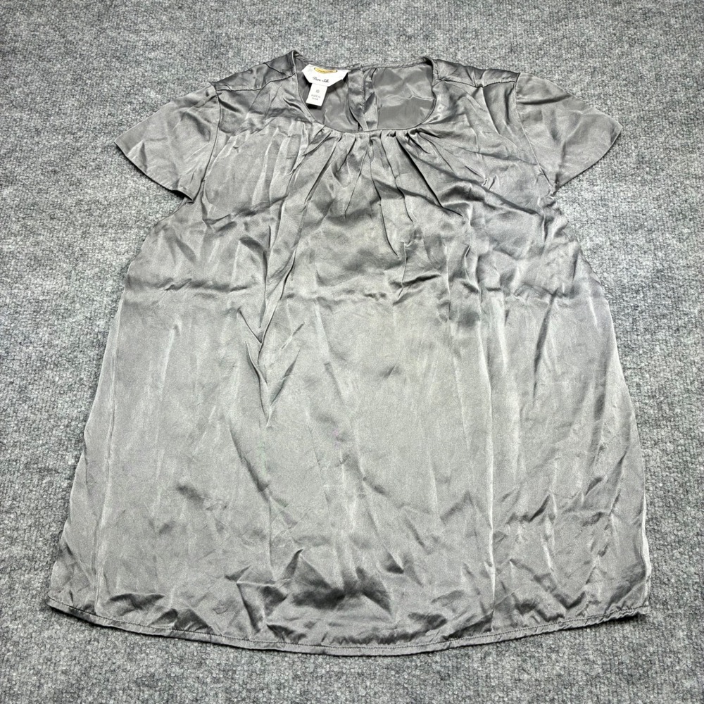 Talbots Pure Silk Charmeuse Gathered Neck Short Sleeve Blouse Top Size 10 Silver